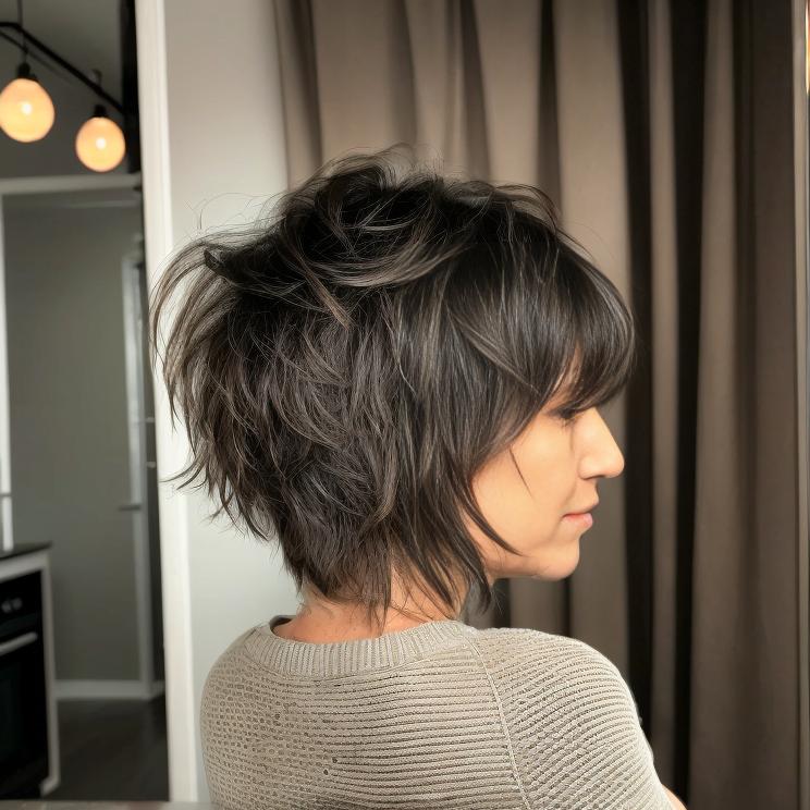 Dark Brown Shag With Choppy Bangs Side View, Ear Dark Brown Shag With Choppy Bangs Side View, Ear — Classy Short Shaggy Haircut