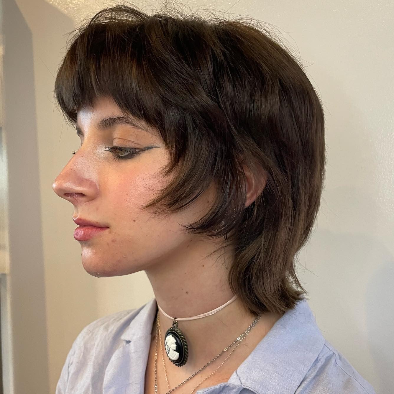 Collarbone Dark Brown Wolf Cut With Air Dried Collarbone Dark Brown Wolf Cut With Air Dried — Classy Short Wolf Cut