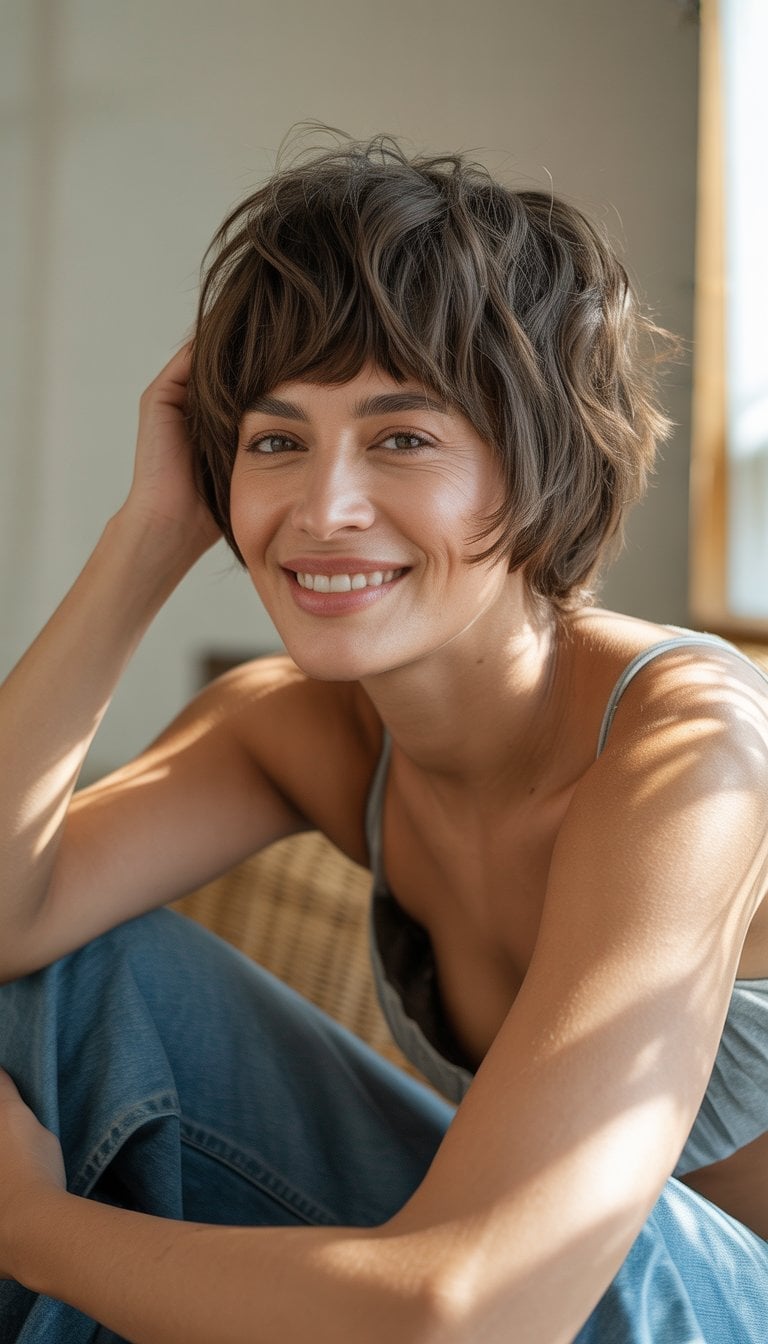 Chin Length Dark Brown Wolf Cut With Curtain Bangs Chin Length Dark Brown Wolf Cut With Curtain Bangs — Classy Short Wolf Cut