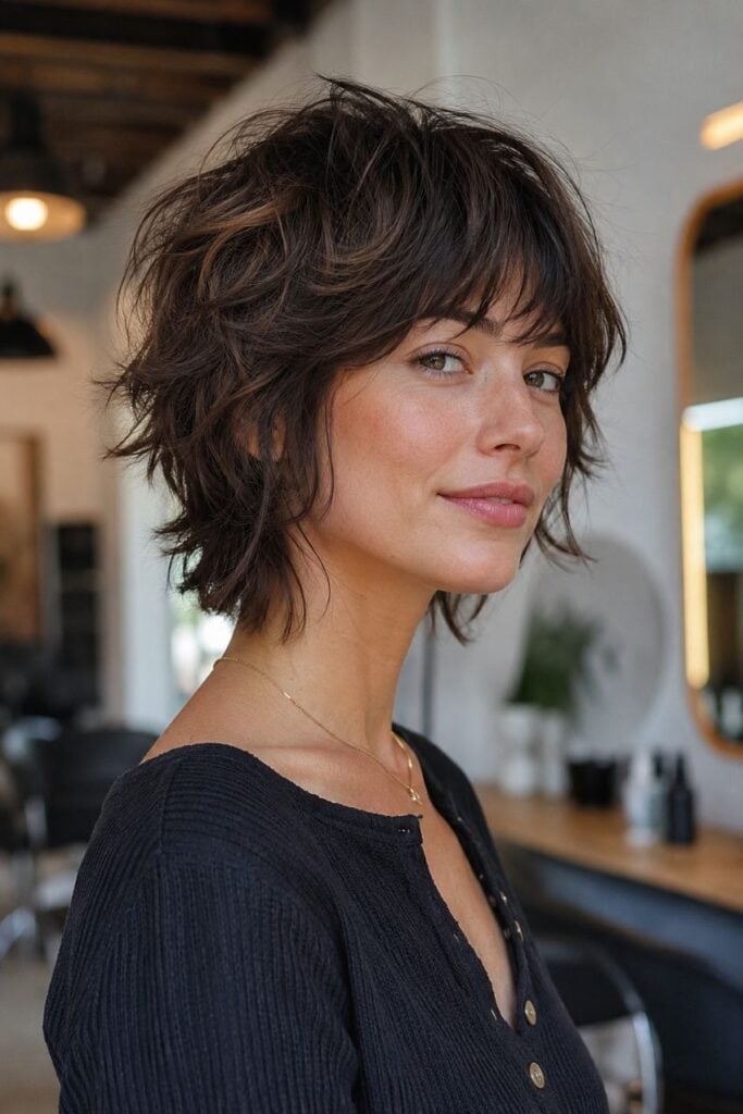 Chin Length Dark Brown Wolf Cut With Air Dried Chin Length Dark Brown Wolf Cut With Air Dried — Classy Short Wolf Cut