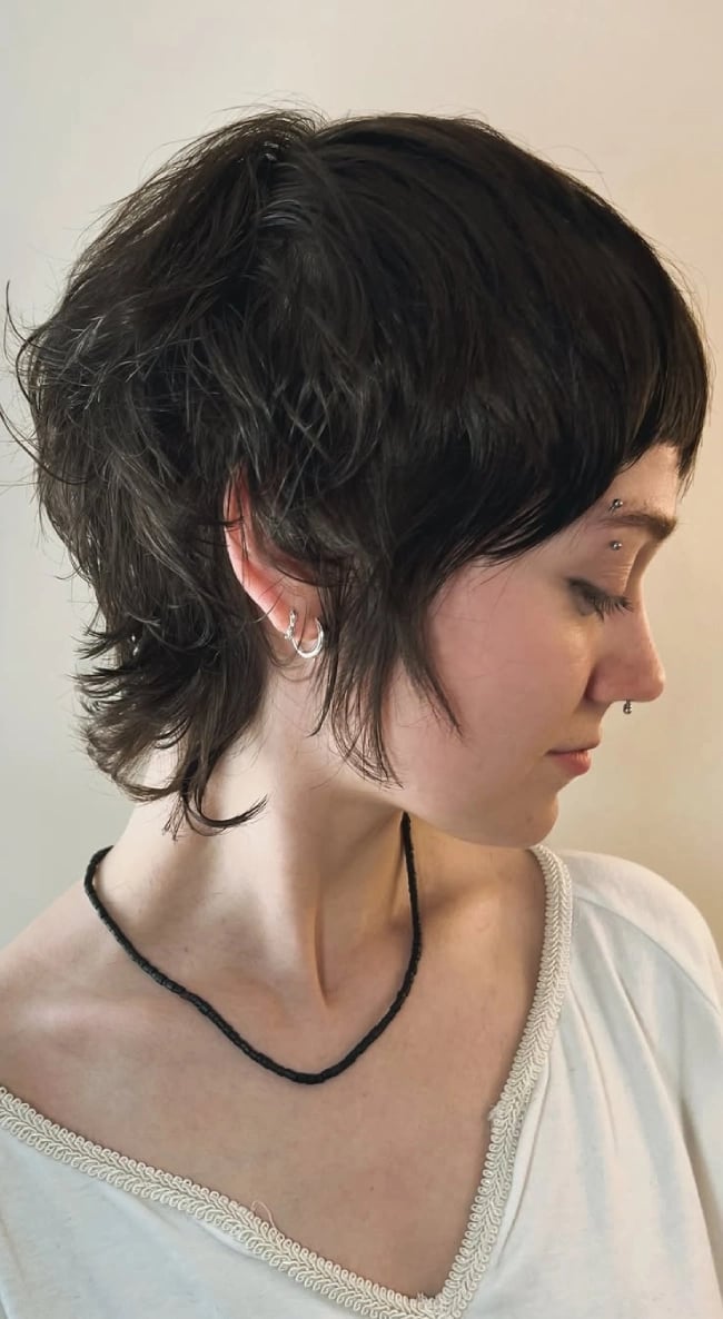 Ear Length Dark Brown Wolf Cut With Micro Bangs Ear Length Dark Brown Wolf Cut With Micro Bangs — Classy Short Wolf Cut