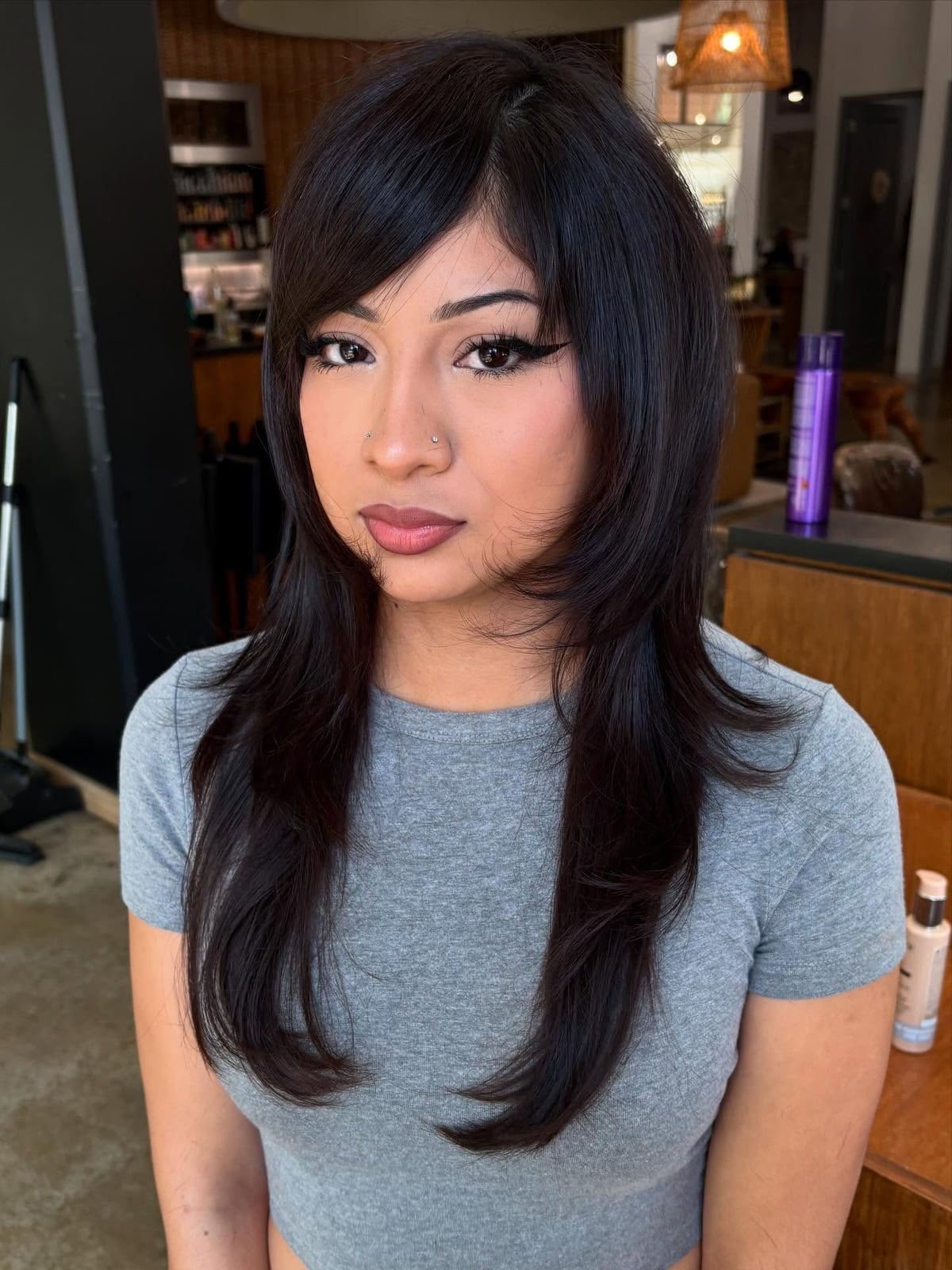 Collarbone Dark Brown Soft Waves Collarbone Dark Brown Soft Waves — Classy Side Bangs Hairstyles