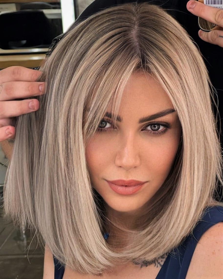 Collarbone Ash Blonde Layers With Root Shadow Collarbone Ash Blonde Layers With Root Shadow — Classy Side Bangs Hairstyles
