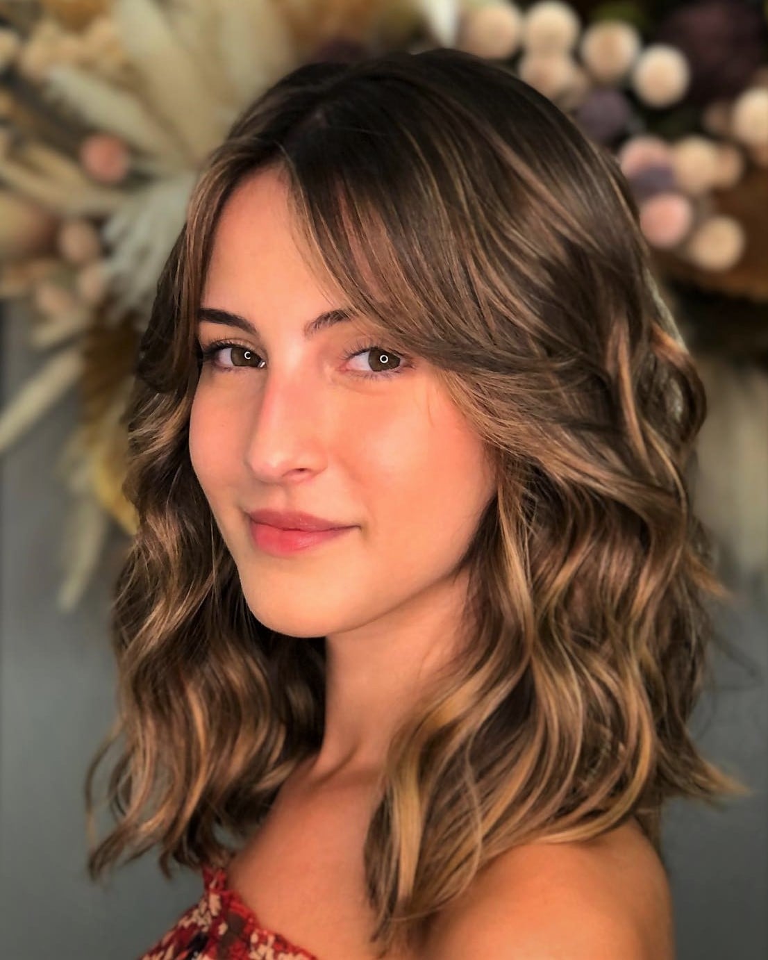 Medium Brown Lob With Curtain Bangs Medium Brown Lob With Curtain Bangs — Classy Side Part Bangs