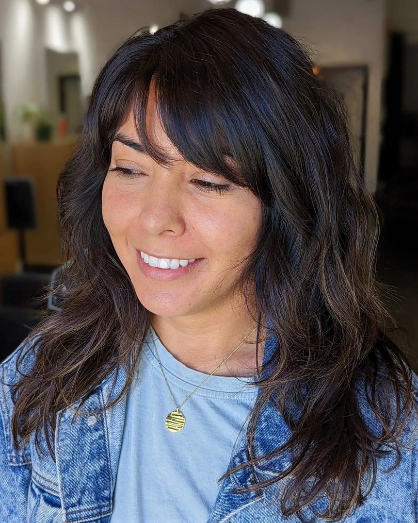 Dark Brown Choppy Layers With Side Swept Bangs Dark Brown Choppy Layers With Side Swept Bangs — Classy Side Part Bangs