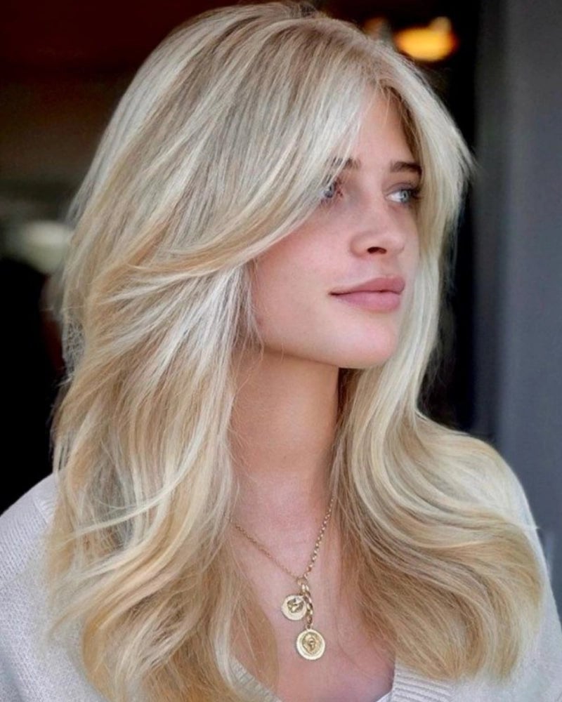 Light Ash Blonde Long Layers With Side Swept Curtain Bangs Light Ash Blonde Long Layers With Side Swept Curtain Bangs — Classy Side Part Bangs