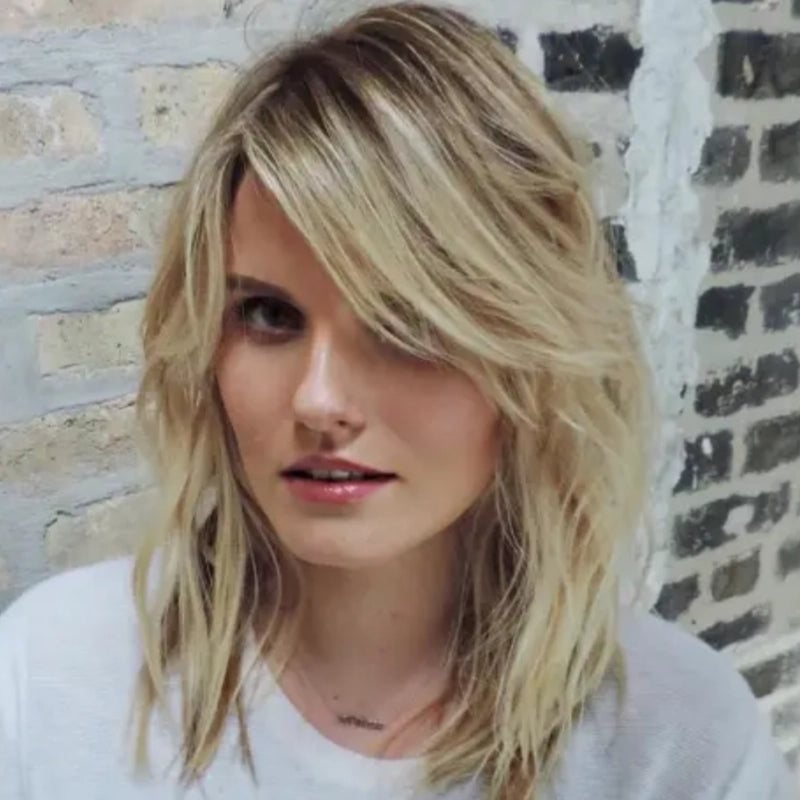 Mid-Back Shag With Choppy Layers And Side Bangs Mid-Back Shag With Choppy Layers And Side Bangs — Classy Side Part Bangs