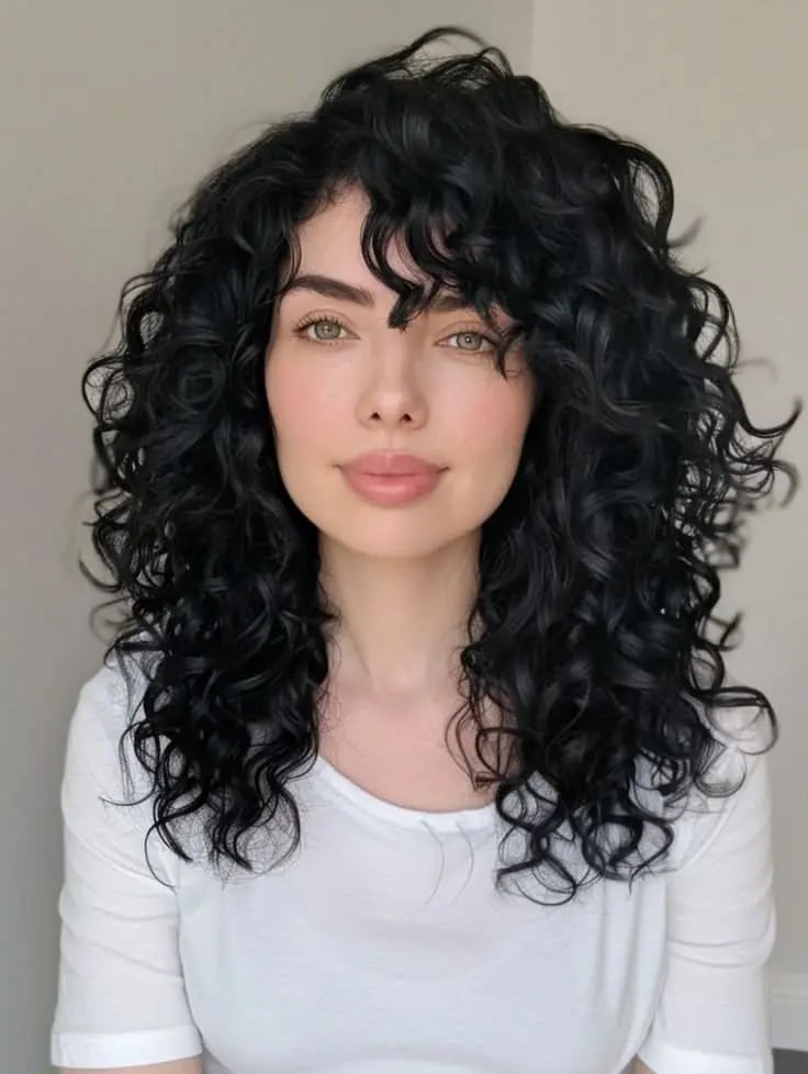 Dark Black Layered Shag With Bouncy Curls Dark Black Layered Shag With Bouncy Curls — Classy Side Part Bangs