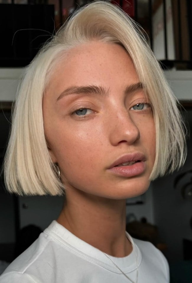 Blunt Platinum Blonde Chin Bob Air Dried Blunt Platinum Blonde Chin Bob Air Dried — Classy Side Part Bob