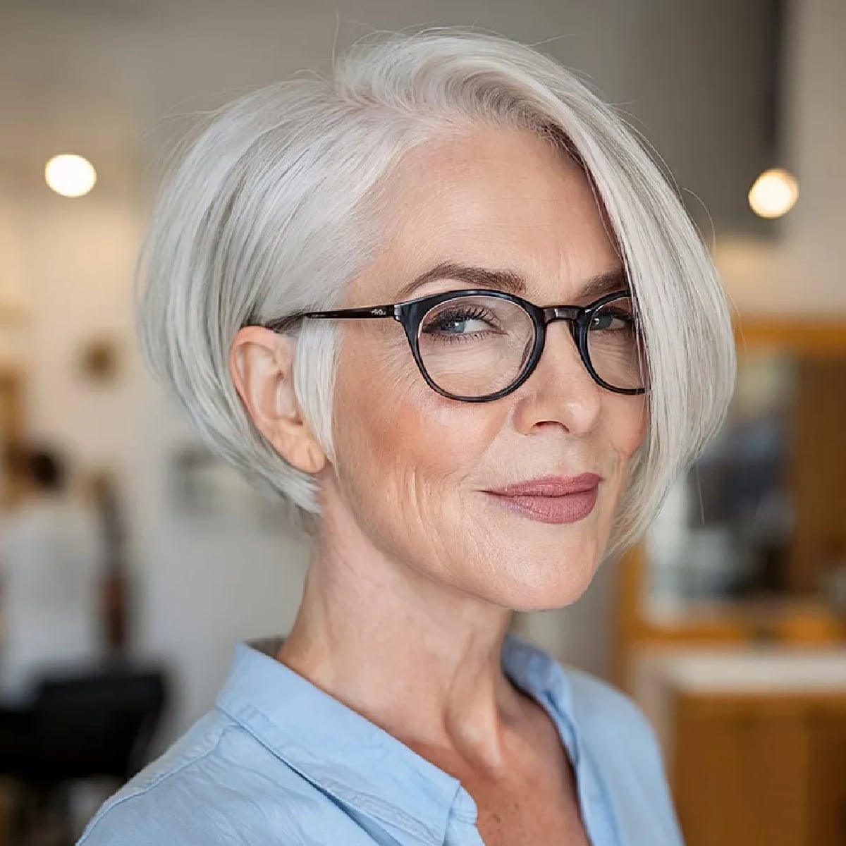 Chin Length Silver Gray Bob Tucked Chin Length Silver Gray Bob Tucked — Classy Side Part Bob