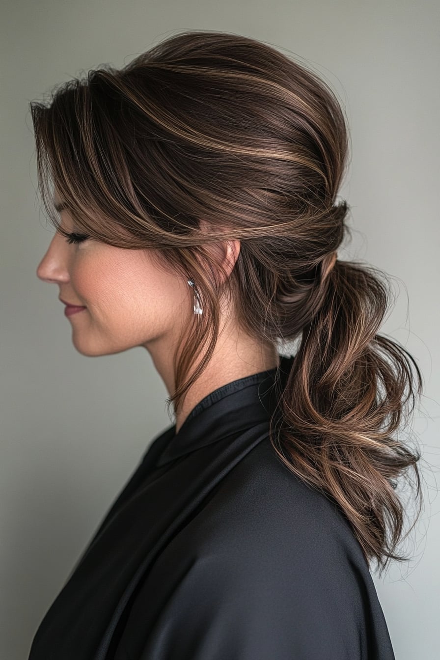 Low Ponytail With Voluminous Waves and Curtain Bangs — Classy Side Part Ponytail