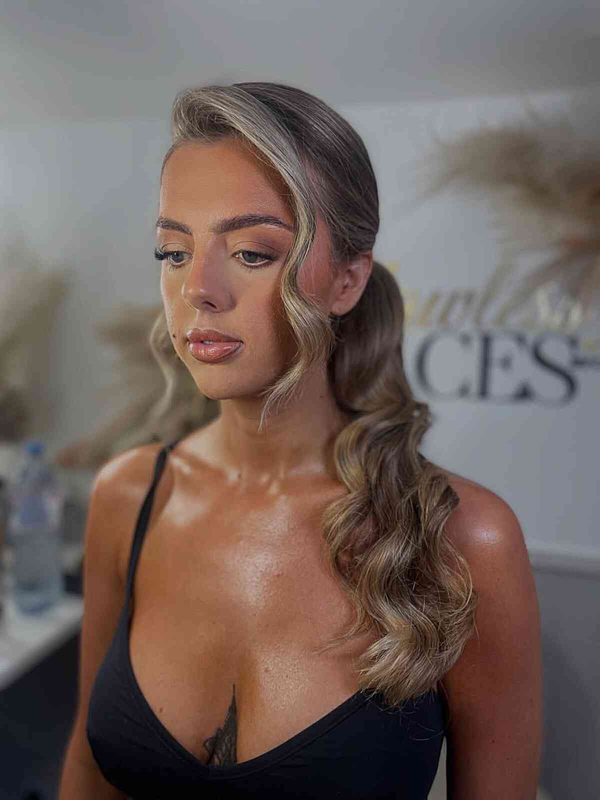 Low Ponytail With Face-Framing Waves — Classy Side Part Ponytail