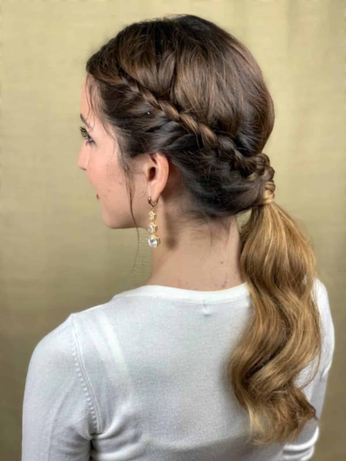 Braided Crown Ponytail With Caramel Highlights — Classy Side Part Ponytail