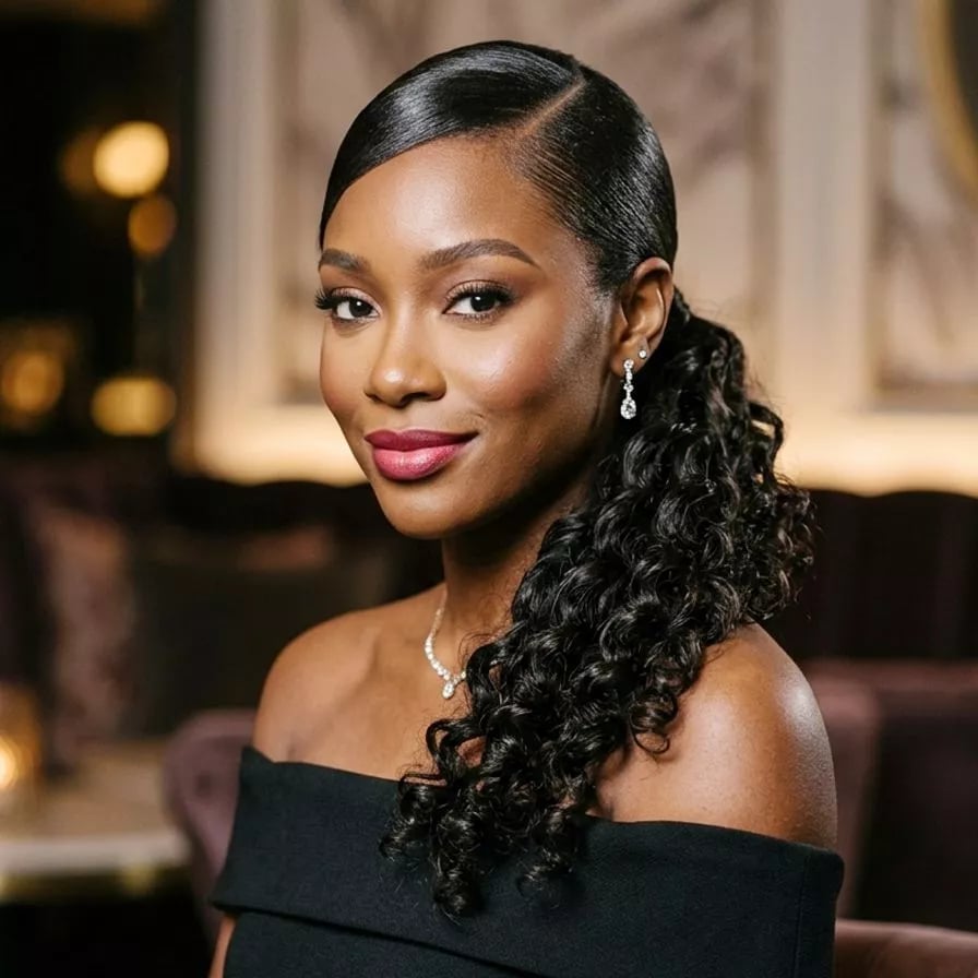 High Glossy Ponytail With Defined Curls — Classy Side Part Ponytail