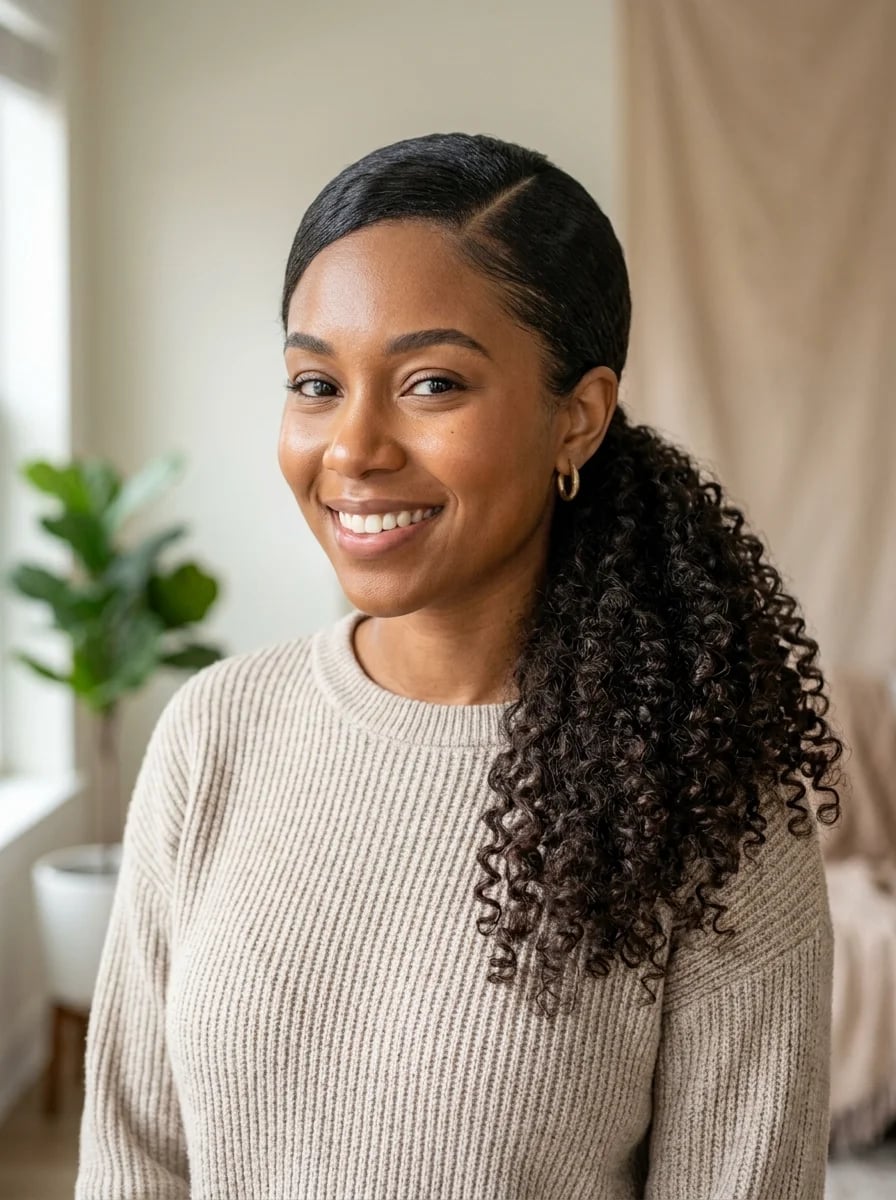 Side Part Ponytail With Defined Curls — Classy Side Part Ponytail