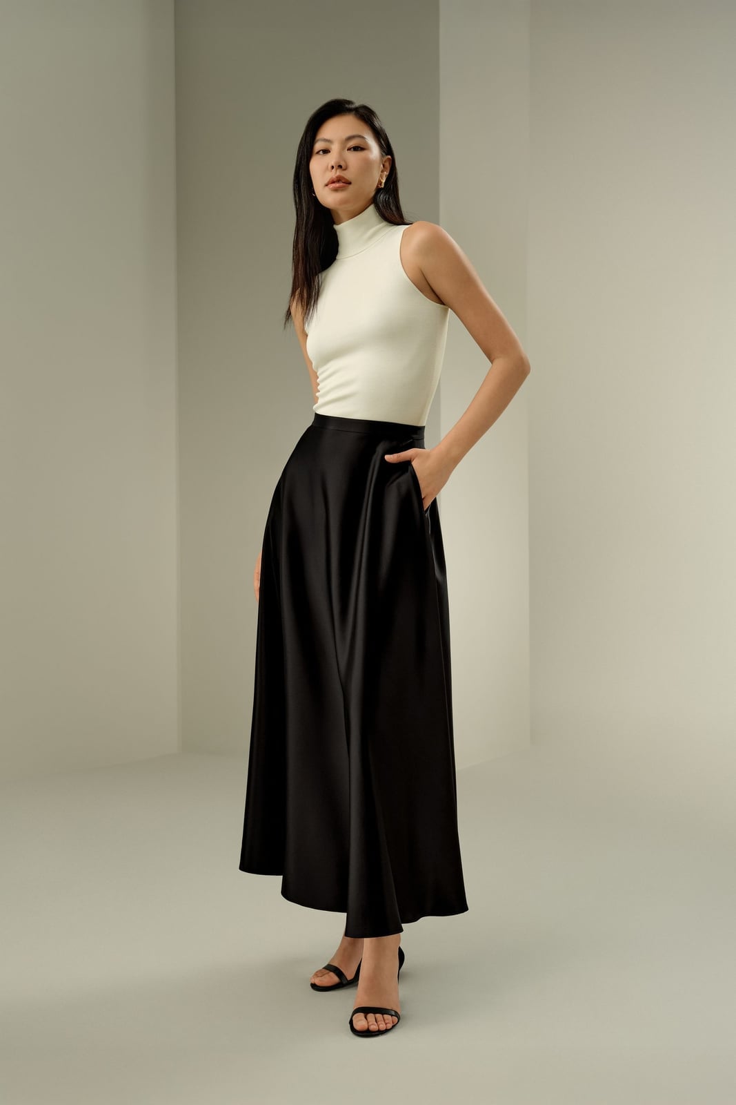 Voluminous Black Silk Maxi Skirt With Turtleneck Top Voluminous Black Silk Maxi Skirt With Turtleneck Top — Classy Silk Skirt Outfit