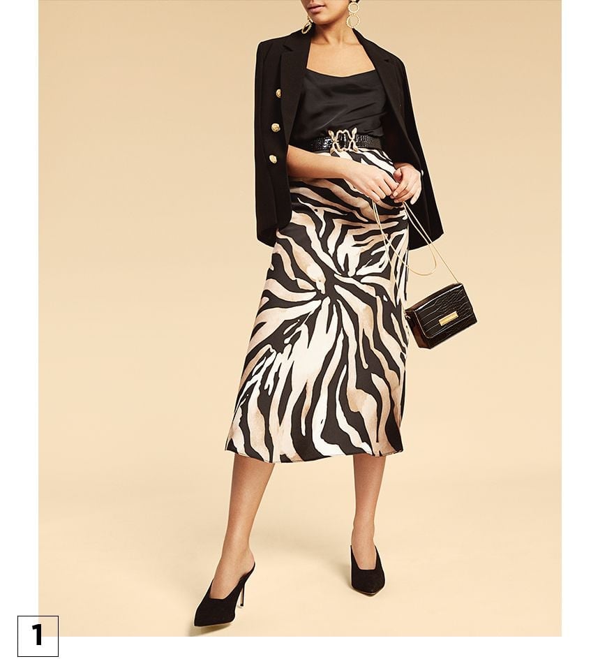 Zebra Print Bias Cut Midi Skirt With Black Blazer Zebra Print Bias Cut Midi Skirt With Black Blazer — Classy Silk Skirt Outfit