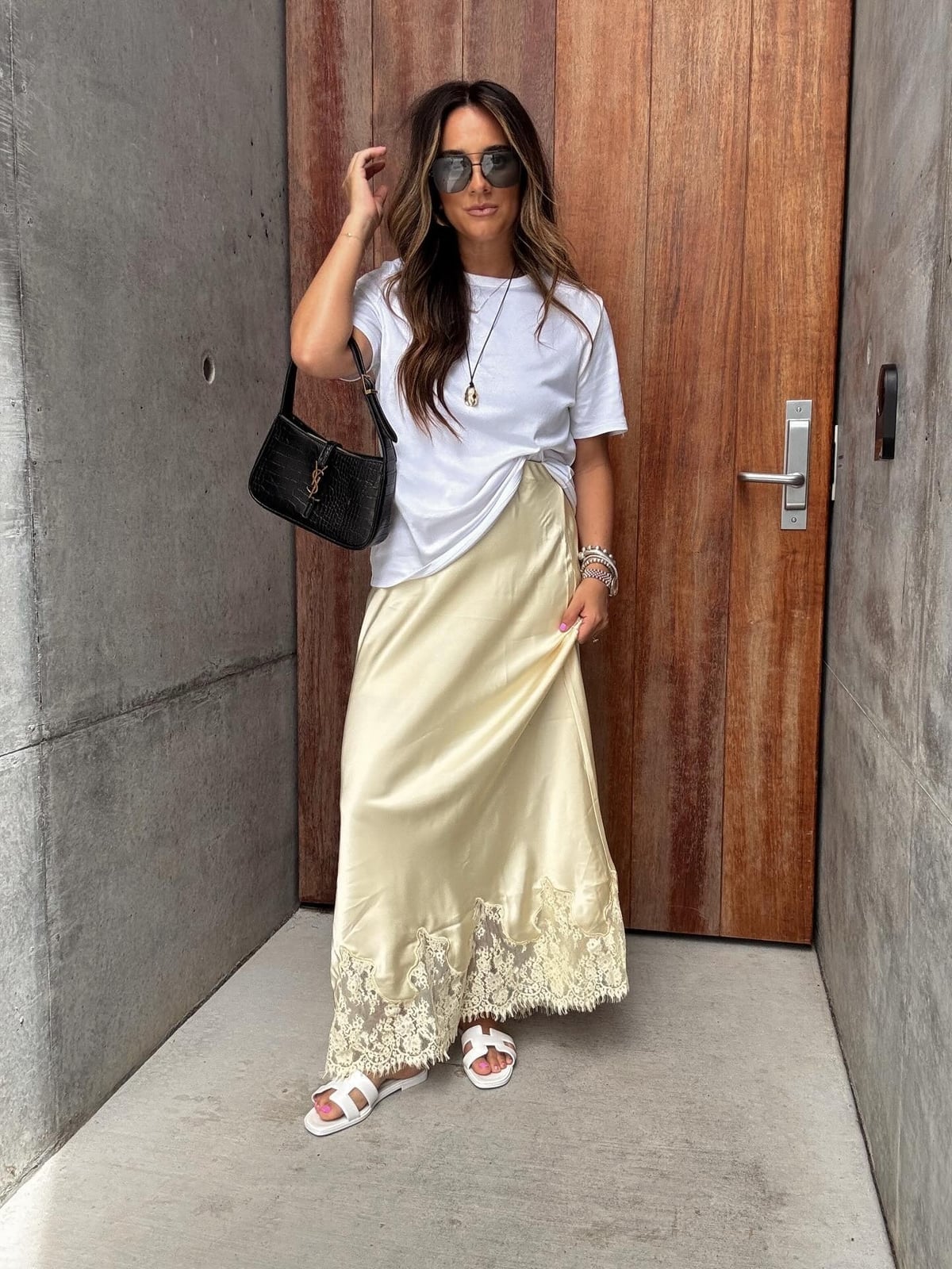 Cream Silk Midi Skirt With Lace Trim And White T-shirt Cream Silk Midi Skirt With Lace Trim And White T-shirt — Classy Silk Skirt Outfit
