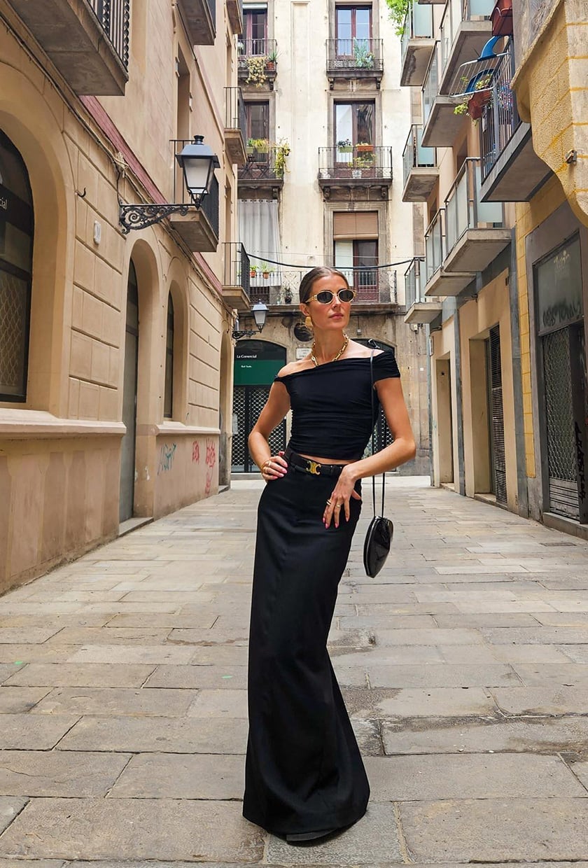 Black Silk Maxi Skirt With Off-the-Shoulder Top And Gold Belt Black Silk Maxi Skirt With Off-the-Shoulder Top And Gold Belt — Classy Silk Skirt Outfit