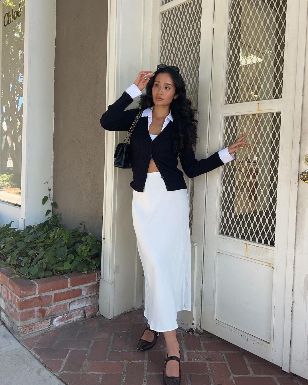 White Silk Midi Skirt With Cardigan And Loafers White Silk Midi Skirt With Cardigan And Loafers — Classy Silk Skirt Outfit