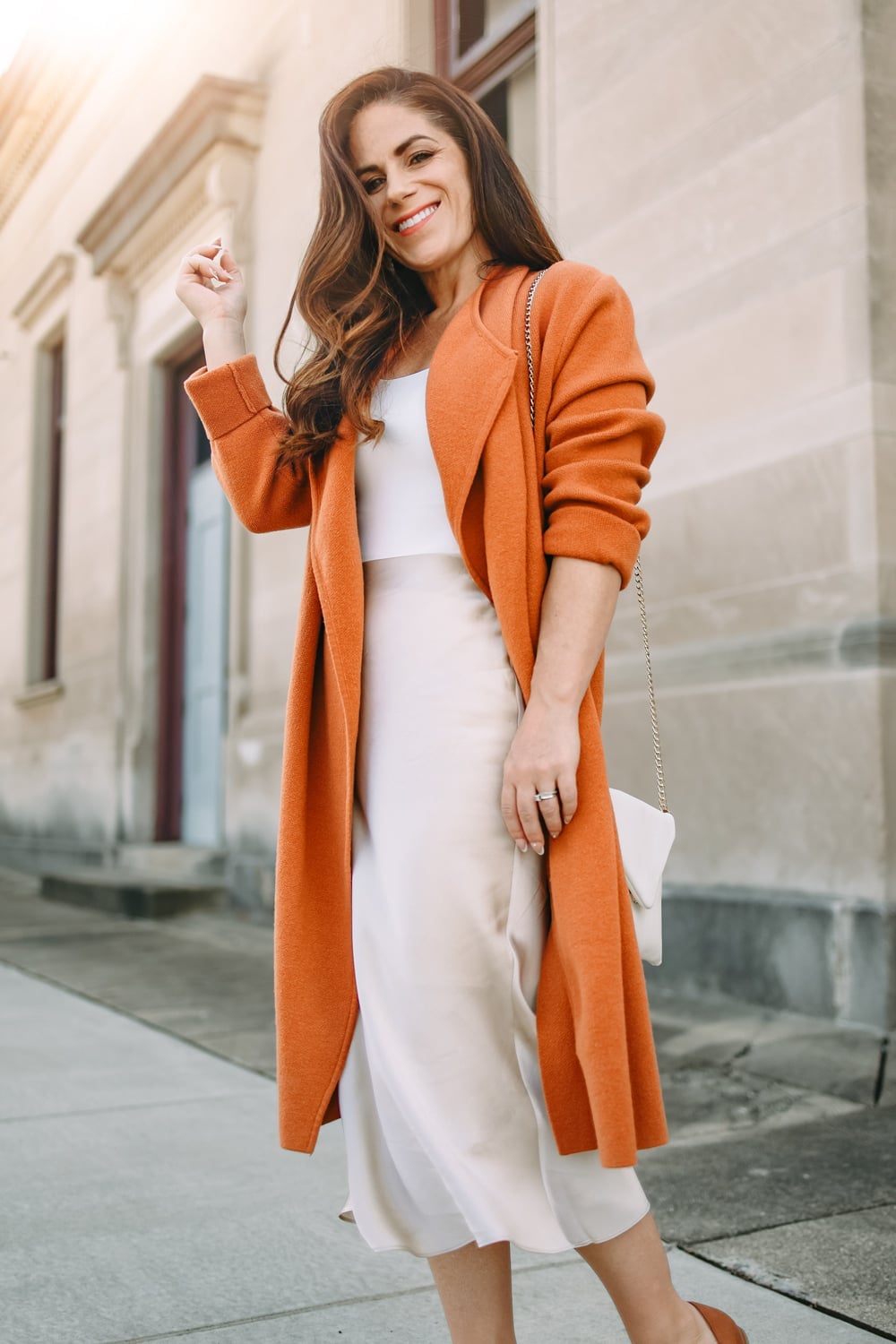 Cream Silk Slip Skirt With Orange Coat And Tan Heels Cream Silk Slip Skirt With Orange Coat And Tan Heels — Classy Silk Skirt Outfit