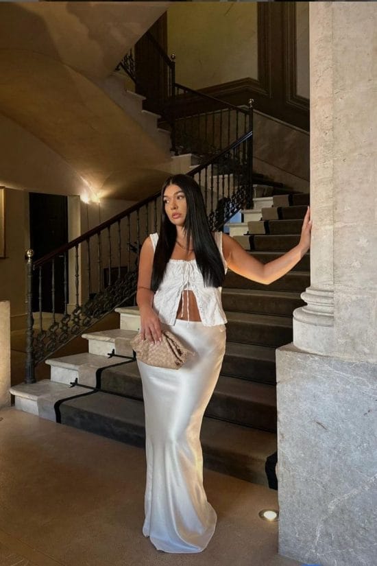 Ivory Silk Satin Maxi Skirt With Lace Trim Camisole Ivory Silk Satin Maxi Skirt With Lace Trim Camisole — Classy Silk Skirt Outfit