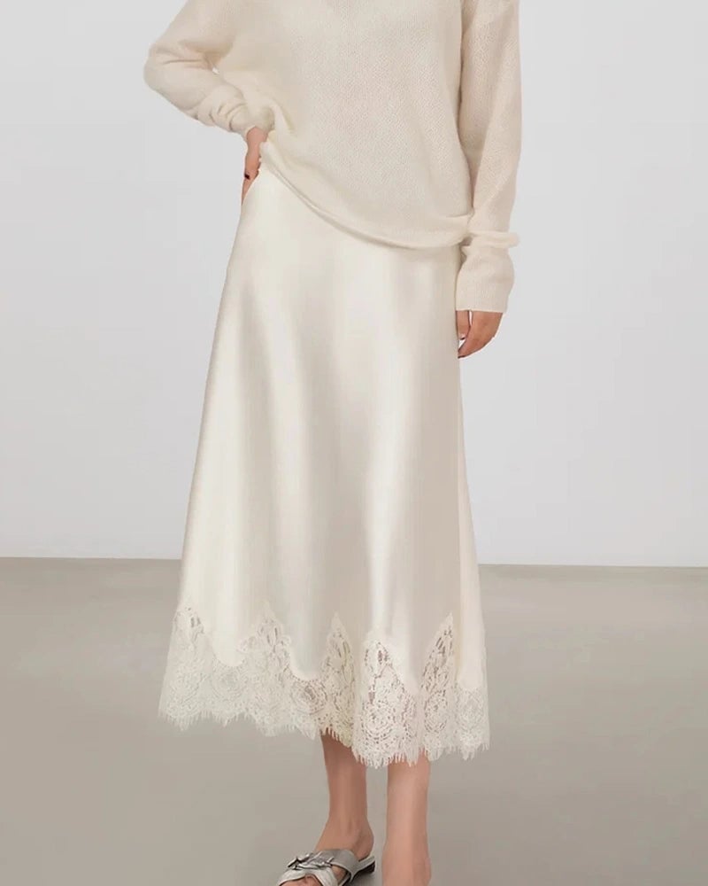 Cream Silk Midi Skirt With Lace Trim And Knit Sweater Cream Silk Midi Skirt With Lace Trim And Knit Sweater — Classy Silk Skirt Outfit