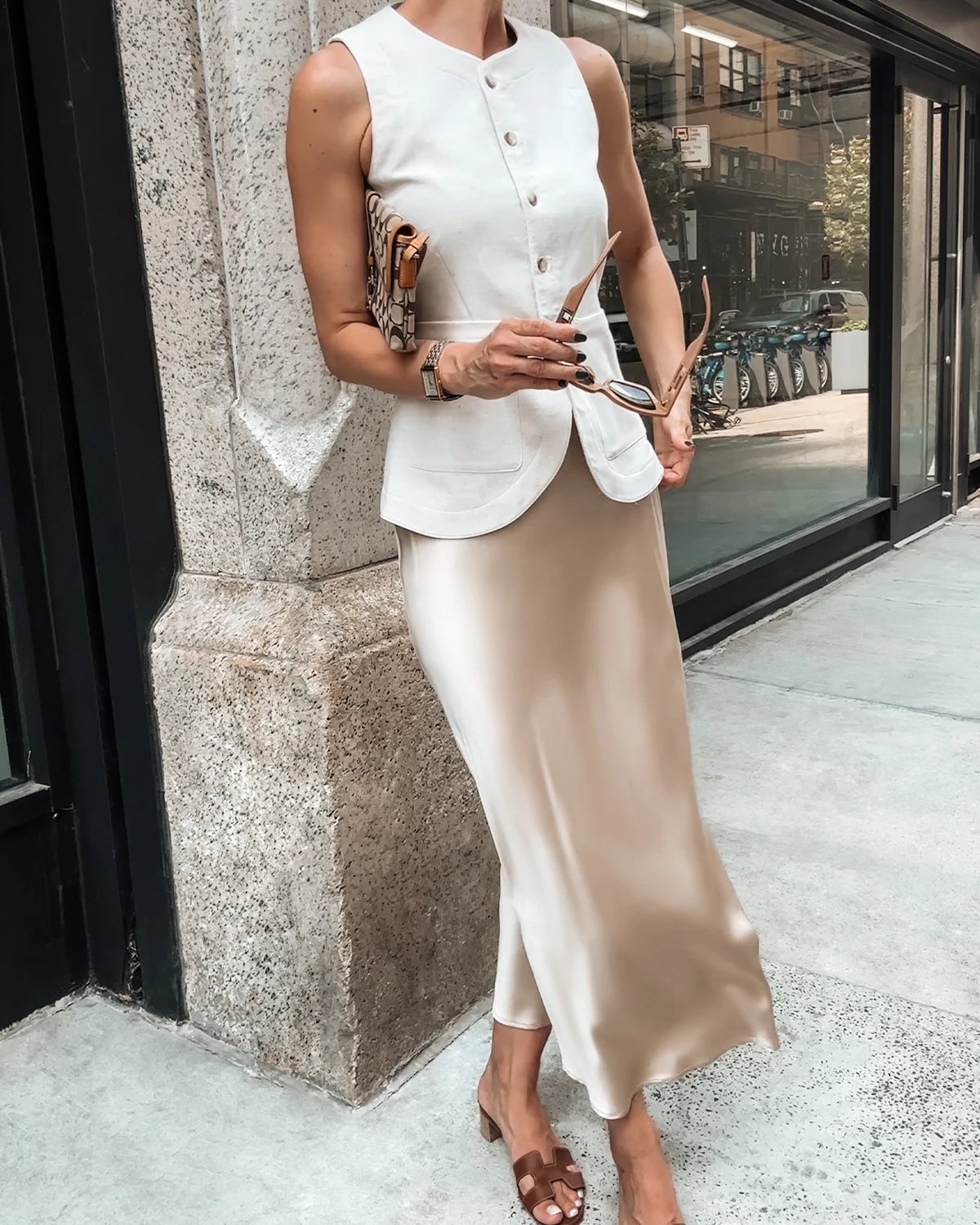Beige Silk Skirt With White Vest And Clutch Beige Silk Skirt With White Vest And Clutch — Classy Silk Skirt Outfit