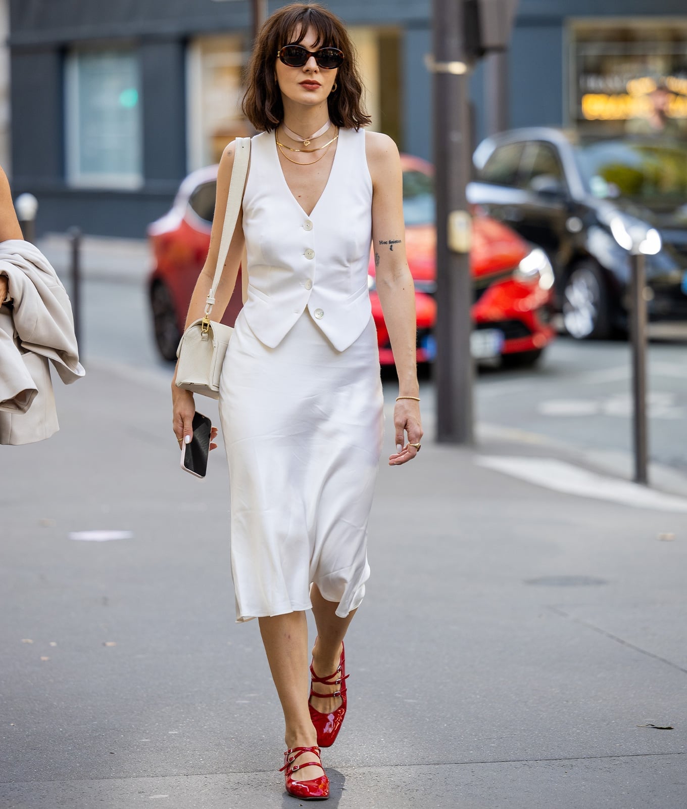 White Silk Midi Skirt With Button-Up Vest And Red, Office-Safe Version White Silk Midi Skirt With Button-Up Vest And Red, Office-Safe Version — Classy Silk Skirt Outfit