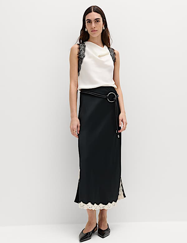 Black Silk Midi Skirt With Lace Trim And Cowl, Office-Safe Version Black Silk Midi Skirt With Lace Trim And Cowl, Office-Safe Version — Classy Silk Skirt Outfit