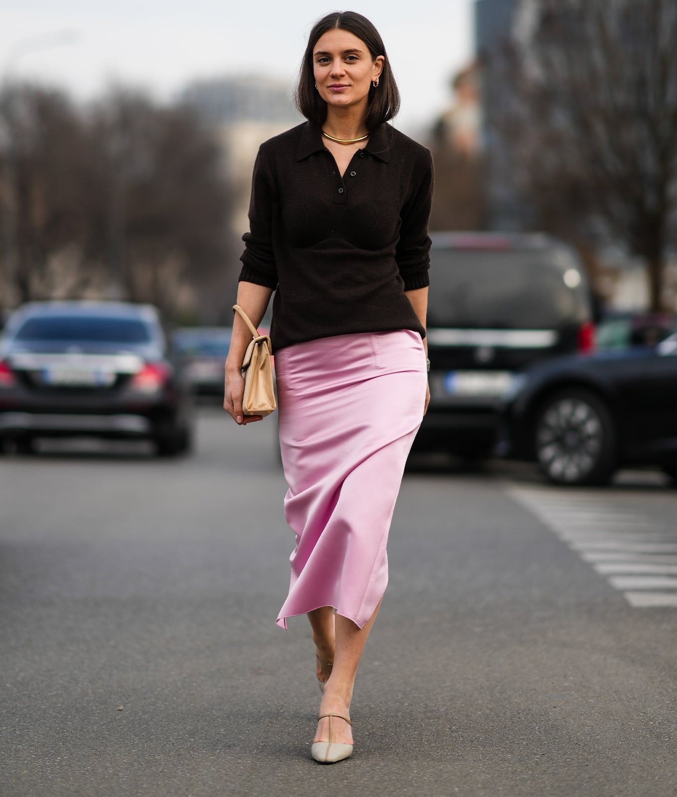 Pink Silk Midi Skirt With Brown Knit Polo Top and Pointed Toe Flats Pink Silk Midi Skirt With Brown Knit Polo Top and Pointed Toe Flats — Classy Silk Skirt Outfit