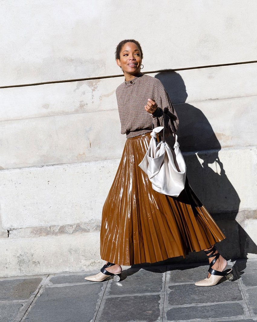 High Shine Pleated Midi Skirt with Houndstooth Blouse High Shine Pleated Midi Skirt with Houndstooth Blouse — Classy Skirt Outfit Work