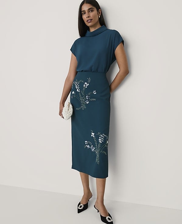 Teal Pencil Skirt with White Floral Embroidery and Mock Neck Top Teal Pencil Skirt with White Floral Embroidery and Mock Neck Top — Classy Skirt Outfit Work