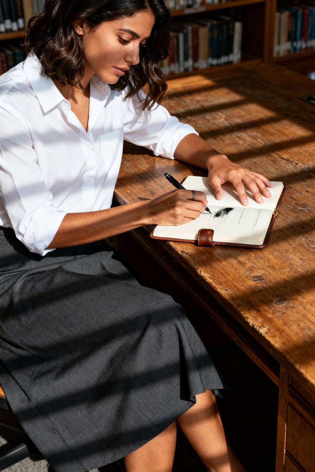 Gray Pencil Skirt and Crisp White Button-Down Shirt, Woven Gray Pencil Skirt and Crisp White Button-Down Shirt, Woven — Classy Skirt Outfit Work