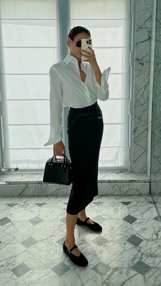 Black Pencil Skirt with White Button-Down Shirt Black Pencil Skirt with White Button-Down Shirt — Classy Skirt Outfit Work