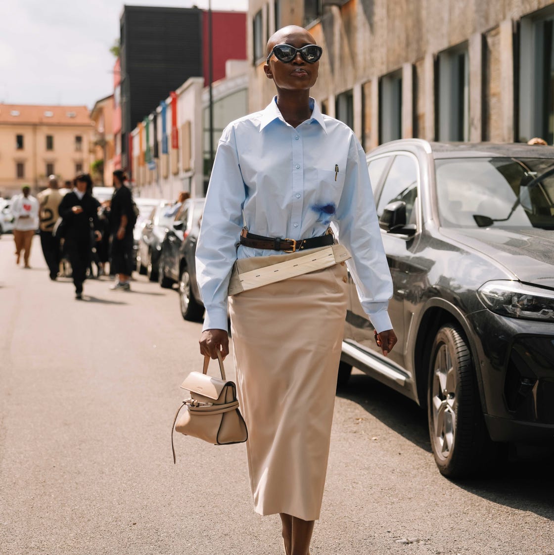 Beige Silk A-Line Midi Skirt and Oversized Blue Shirt Beige Silk A-Line Midi Skirt and Oversized Blue Shirt — Classy Skirt Outfit Work