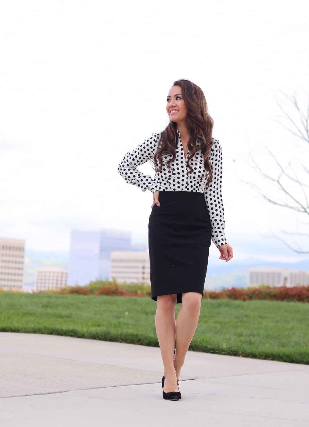Black Pencil Skirt with a White Polka Dot Blouse Black Pencil Skirt with a White Polka Dot Blouse — Classy Skirt Outfit Work