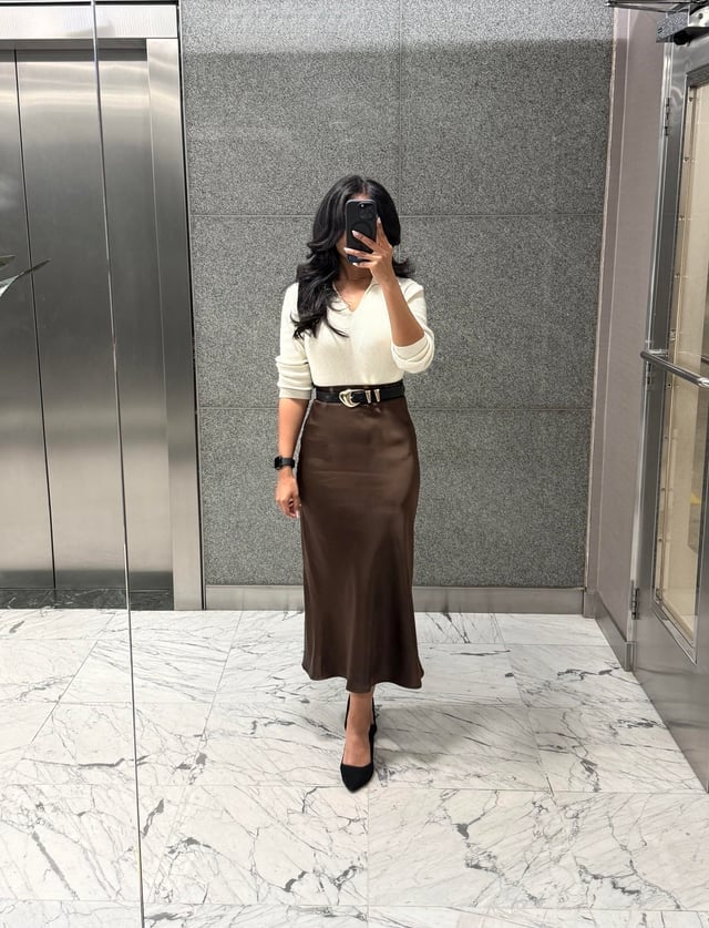 Brown Satin Slip Skirt with White V-Neck Sweater Brown Satin Slip Skirt with White V-Neck Sweater — Classy Skirt Outfit Work