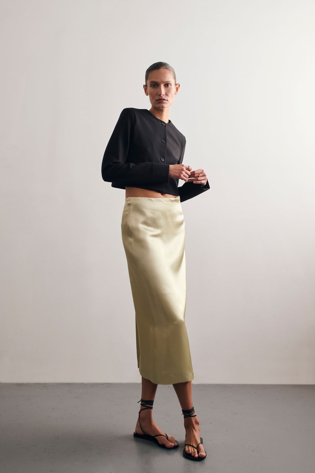 Champagne Satin Midi Skirt and Cropped Black Jacket Champagne Satin Midi Skirt and Cropped Black Jacket — Classy Skirt Outfit Work
