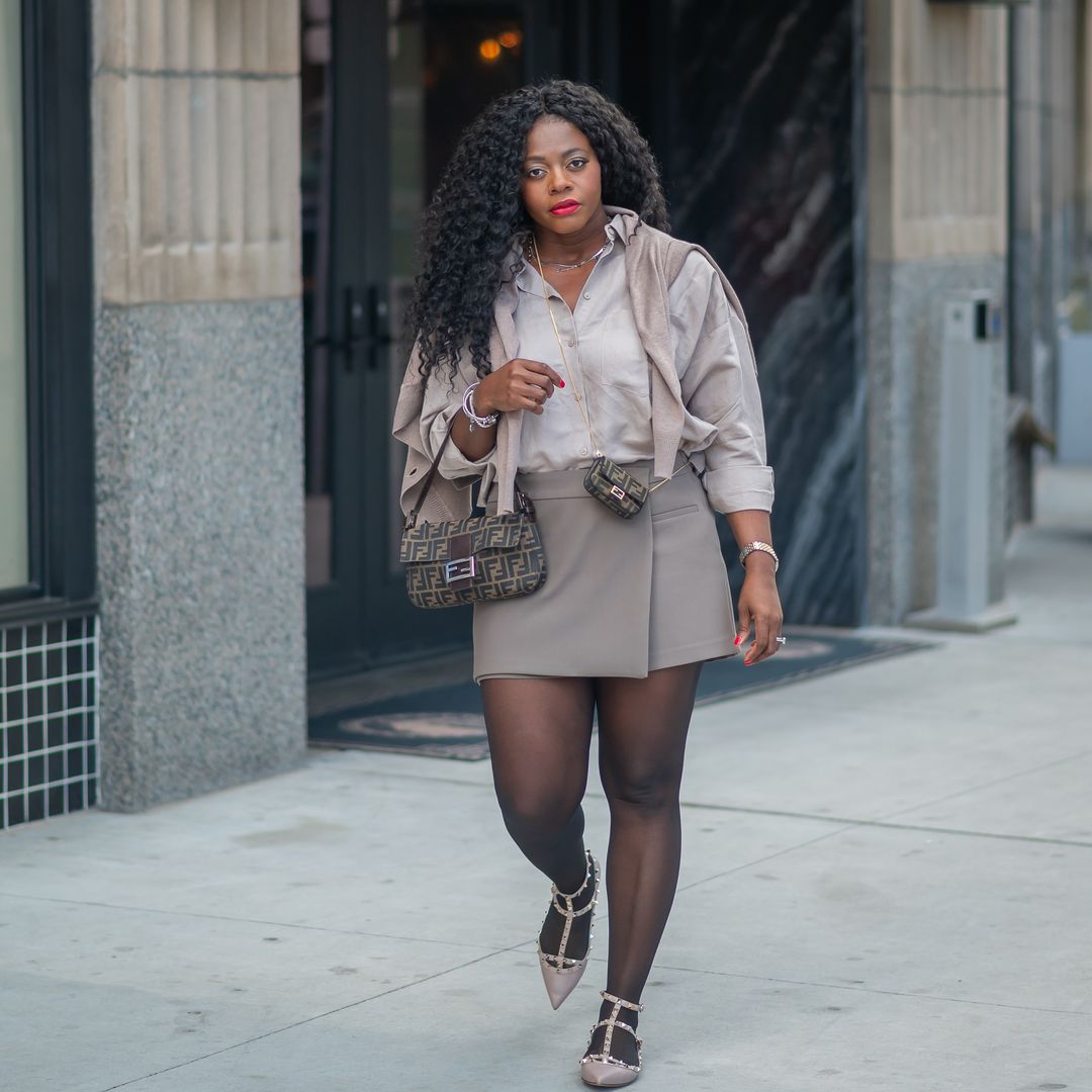 Taupe Skort with Oversized Shirt and Cardigan and Pointed Toe Heels Taupe Skort with Oversized Shirt and Cardigan and Pointed Toe Heels — Classy Skort Outfits
