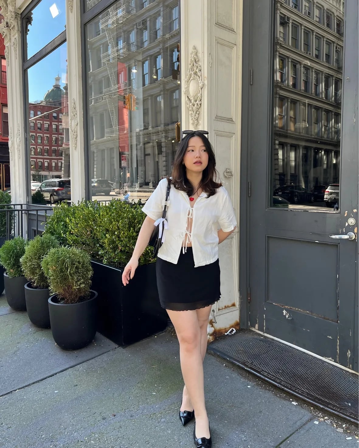 Black Mini Skort with Sheer Lace-Trimmed Blouse Black Mini Skort with Sheer Lace-Trimmed Blouse — Classy Skort Outfits