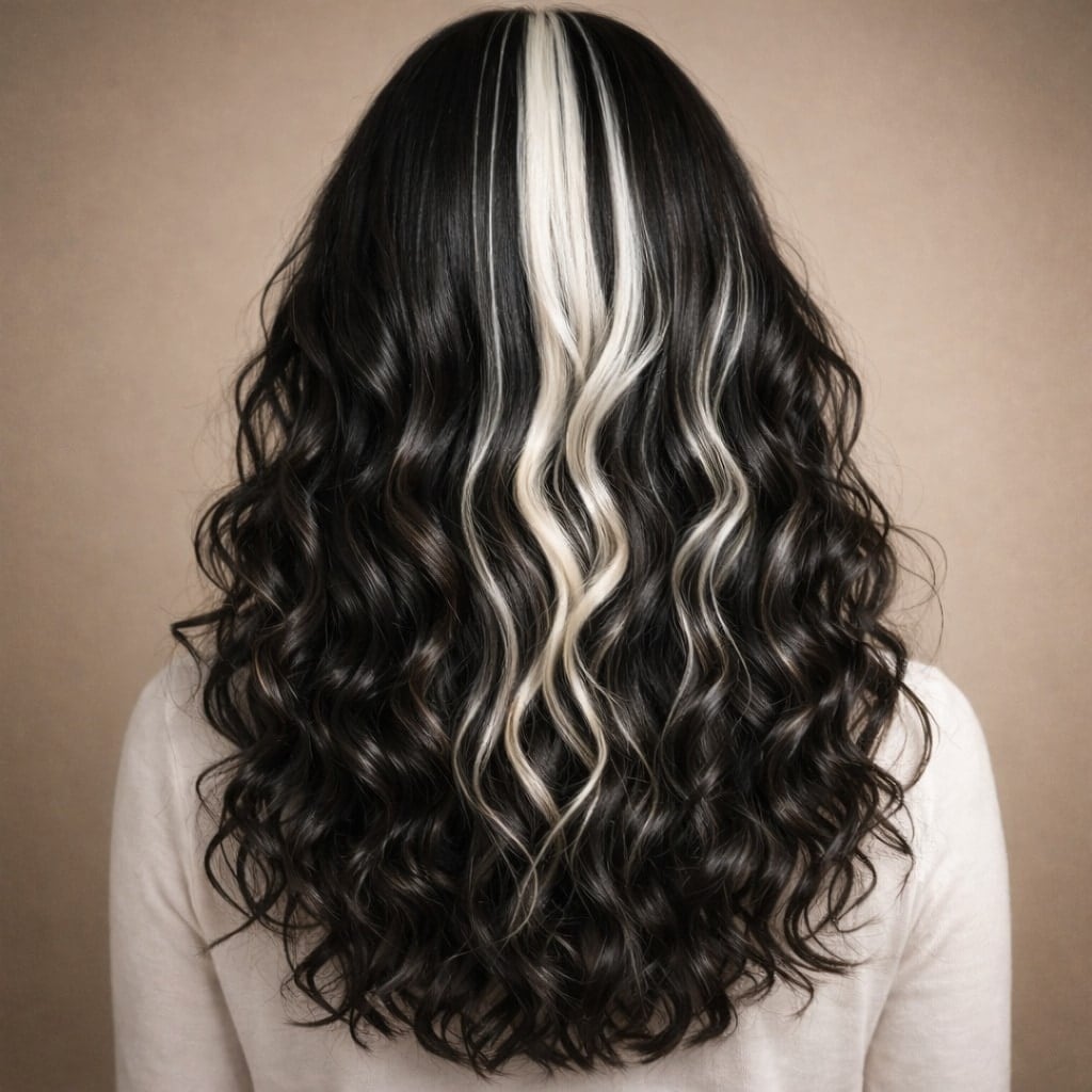 Long Wavy Black Hair With Central White Stripe Long Wavy Black Hair With Central White Stripe — Classy Skunk Stripe Hair