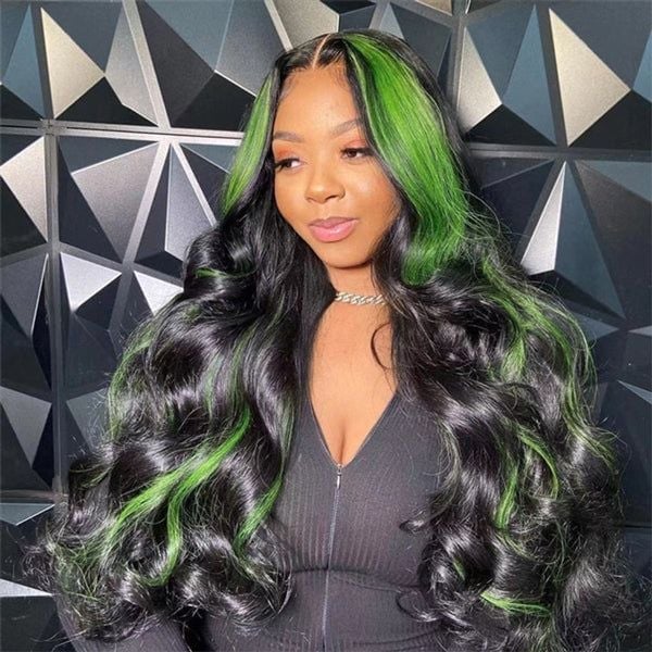 Mid-Back Wavy Black With Bright Green Stripes Mid-Back Wavy Black With Bright Green Stripes — Classy Skunk Stripe Hair