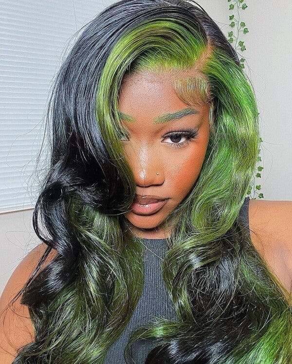 Mid-Back Black With Vibrant Green Stripe Mid-Back Black With Vibrant Green Stripe — Classy Skunk Stripe Hair