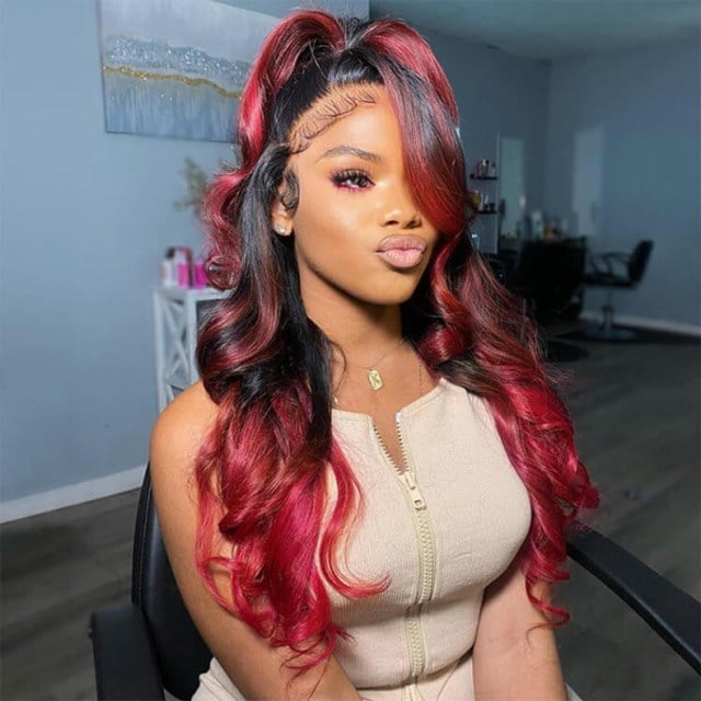 Mid-Back Black With Red Stripes And Side-Swept Bang Mid-Back Black With Red Stripes And Side-Swept Bang — Classy Skunk Stripe Hair