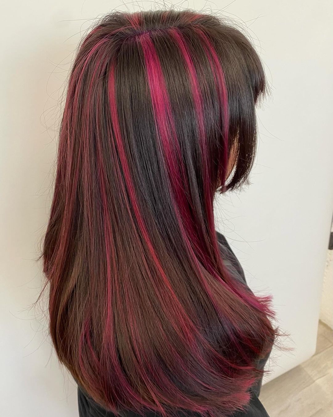 Mid-Back Straight Dark Brown With Blonde And Silver Stripes, Middle Mid-Back Straight Dark Brown With Blonde And Silver Stripes, Middle — Classy Skunk Stripe Hair