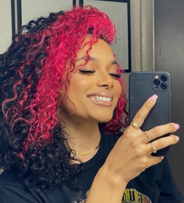 Mid-Back Thick Curly Black With Bright Pink Mid-Back Thick Curly Black With Bright Pink — Classy Skunk Stripe Hair