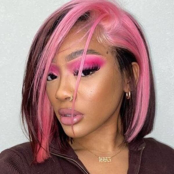 Collarbone Bob Dark Brown With Pink Streaks Collarbone Bob Dark Brown With Pink Streaks — Classy Skunk Stripe Hair