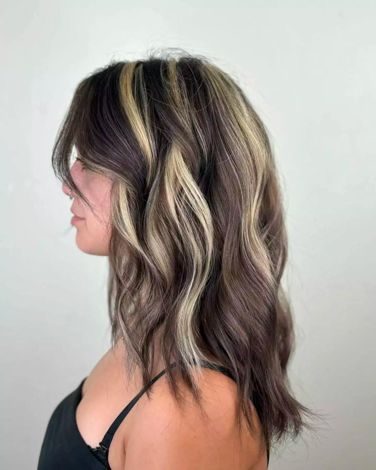 Mid-Back Wavy Dark Brown With Blended Highlights Mid-Back Wavy Dark Brown With Blended Highlights — Classy Skunk Stripe Hair