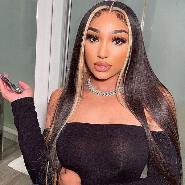 Mid-Back Straight Dark Brown With Blonde Money Piece Mid-Back Straight Dark Brown With Blonde Money Piece — Classy Skunk Stripe Hair